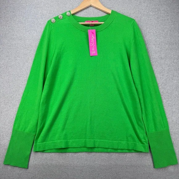 Lilly Pulitzer Morgen Sweater Womens L Sprout Green Crystal Button Embellished - Picture 1 of 11